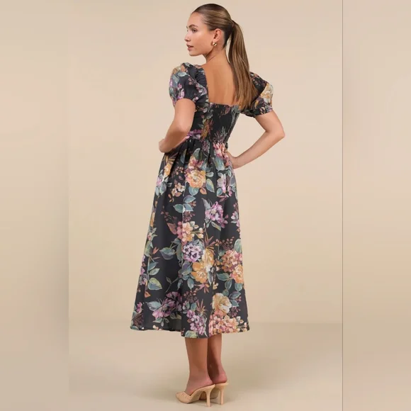 Lulus Adorable Tendencies Dark Grey Floral Puff Sleeve Midi Dress XXL Wedding - Picture 5 of 10